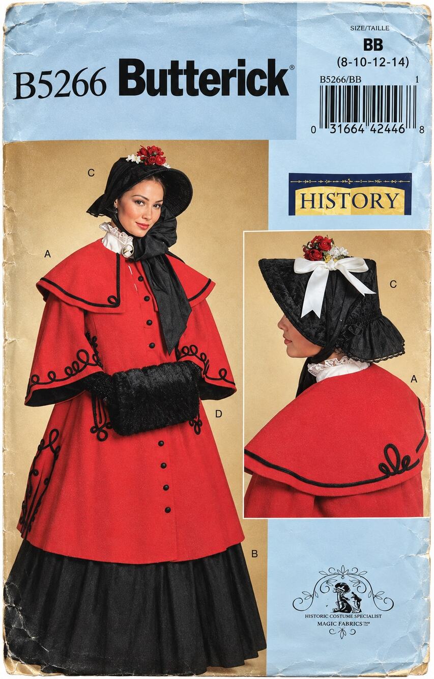 BUTTERICK B5266-LADIES DICKENS-CAROLING CLOAK-MUFF-BONNET-SKIRT PATTERN 8-14